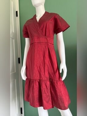 Calypso Christiene Celle Silk Red V-Neck Short Sleeve Tiered Dress